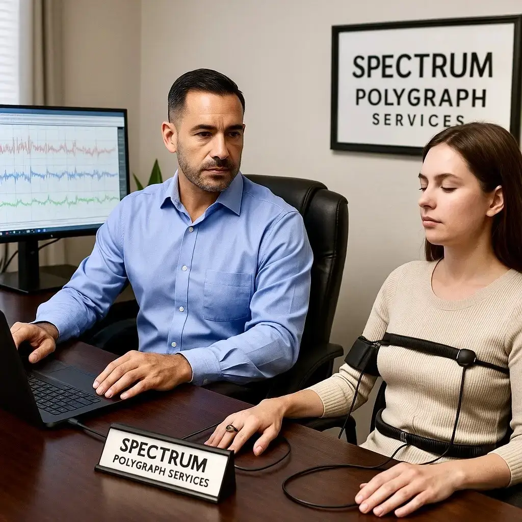 Polygraph examiner monitoring physiological responses during lie detector test