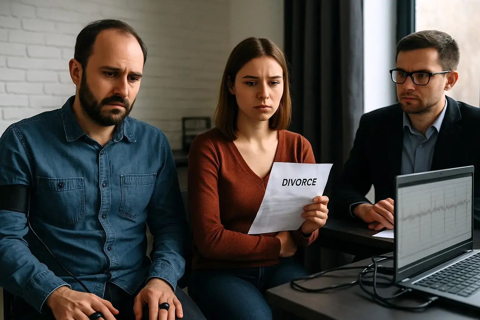 Couple sitting apart during a polygraph pre-test interview – Spectrum Polygraph Services