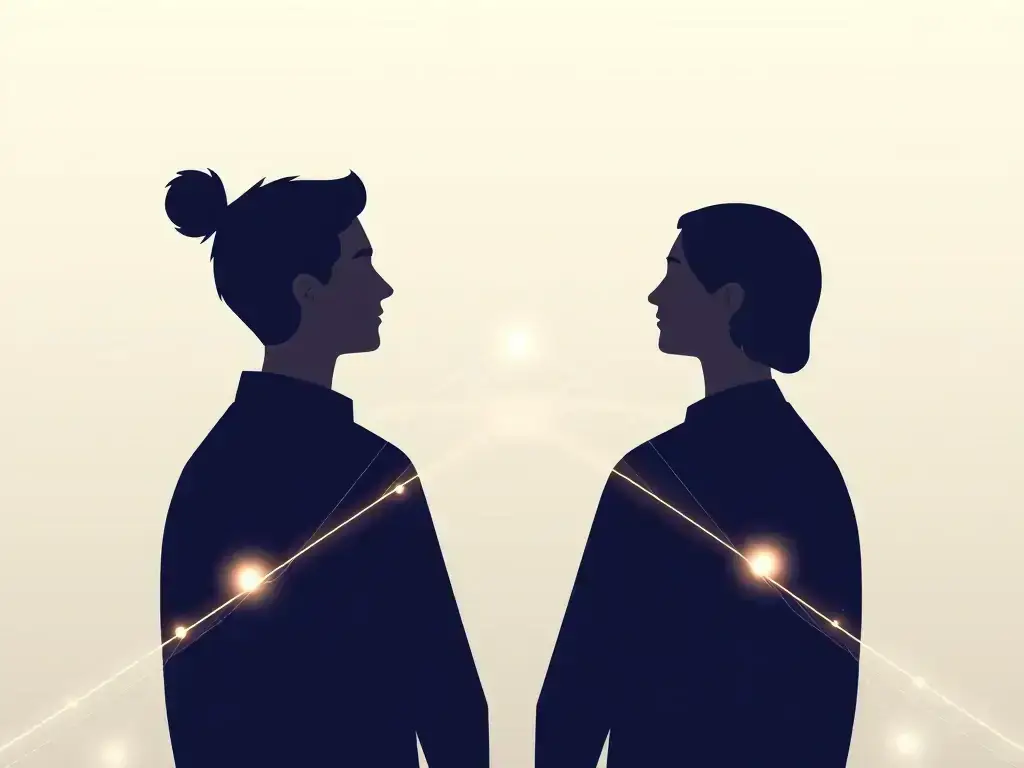 A graphic illustrating the concept of trust and transparency, with interconnected lines forming a bridge between two individuals, symbolizing the restoration of trust through truth-seeking.