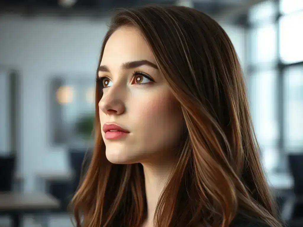 A close-up shot of a person looking thoughtfully into the distance, symbolizing introspection and the search for truth, set against a blurred background of a modern office to represent professionalism.