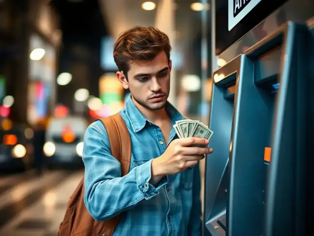 A person secretly withdrawing cash from an ATM, symbolizing concealed spending habits and the potential for financial deception.