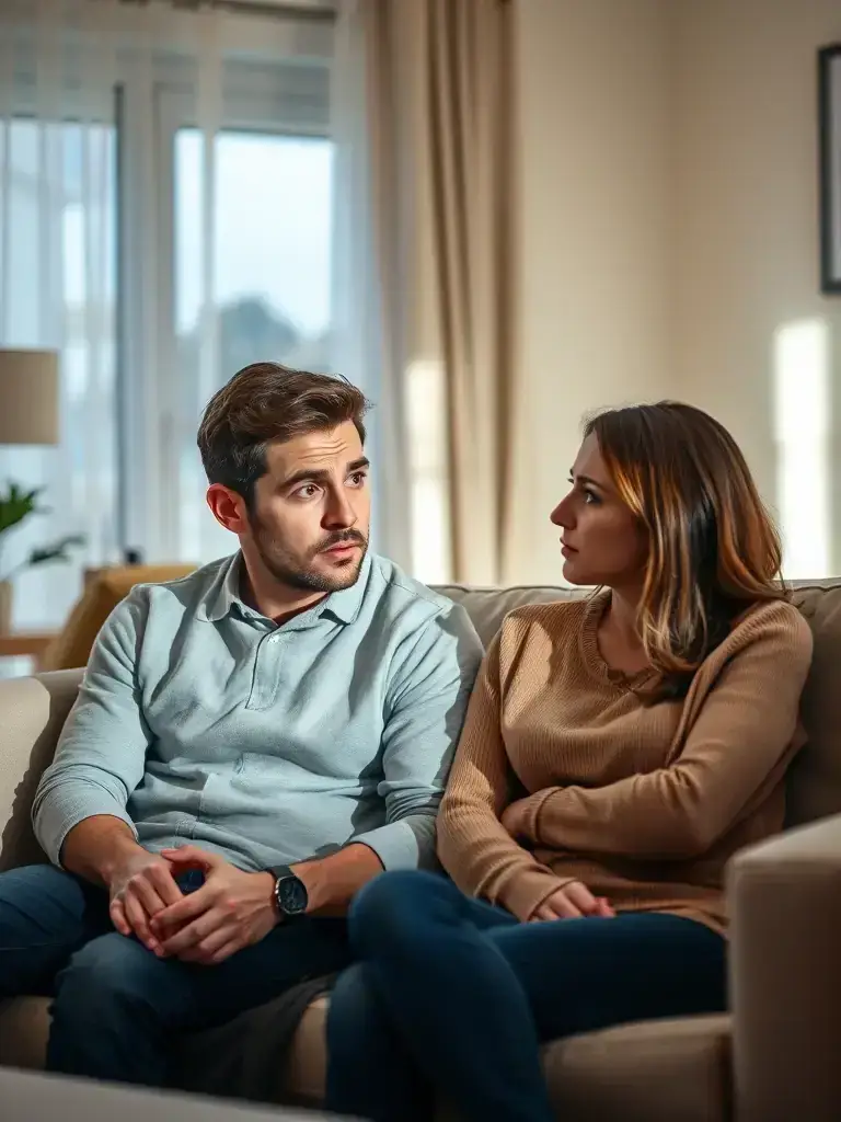 A concerned couple sitting on a couch, looking at each other with worried expressions, suggesting relationship issues that a polygraph exam could help resolve.