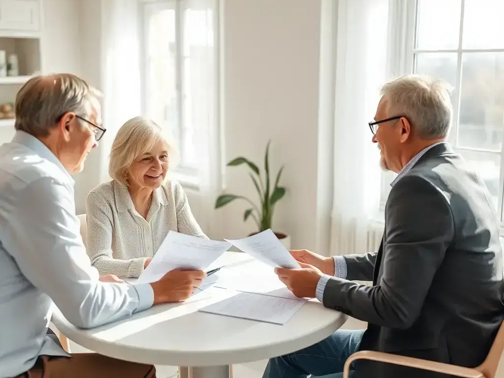 A concerned couple sitting at a table, reviewing financial documents with worried expressions, symbolizing financial strain and the need for clarity.