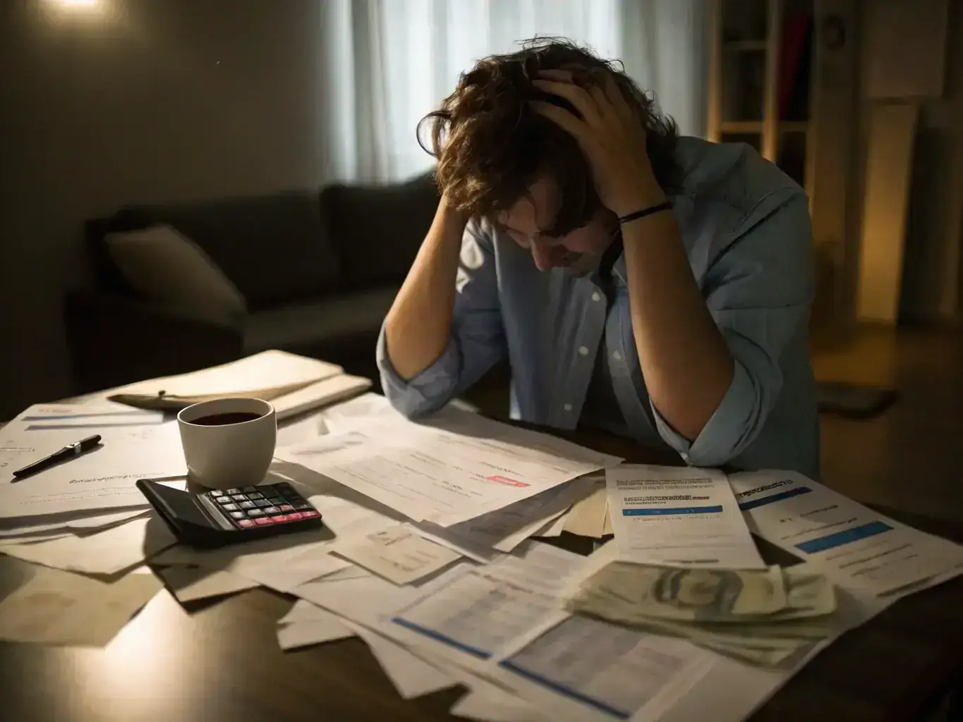 A person looking stressed while using a credit card, representing hidden debt and the anxiety it causes in relationships.